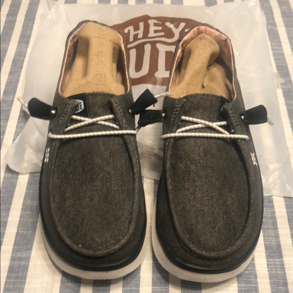 Hey Dude Women’s Boat Shoe Slip-Ons in Dark Gray with White Laces
